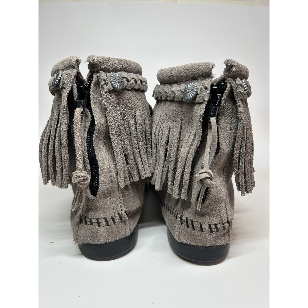 Minnetonka Fringe Concho Moccasins Zip Ankle Boot Suede Gray size 8 Excellent - Picture 6 of 11